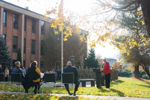 An image of Chancellor Sheri Everts providing remarks at the 2021 Veterans Day Ceremony.