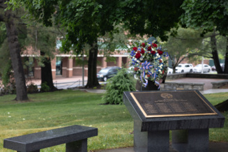 The Memorial Plaque of fallen AppState staff, faculty, and students with the Memorial Day remembrance wreath.
